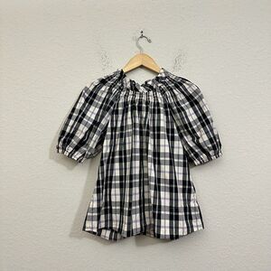 J. CREW Smocked-Neck Puff-Sleeve Top Blouse Friday Plaid Black Purple